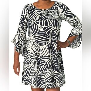 Amana tropical print Crew Neck 3/4 Ruffled Bell Sleeve Waistless Shift Dress. SM